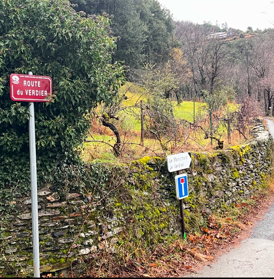 Panneau indiquant la route du Verdier embranchement pour prendre la route du Verdier