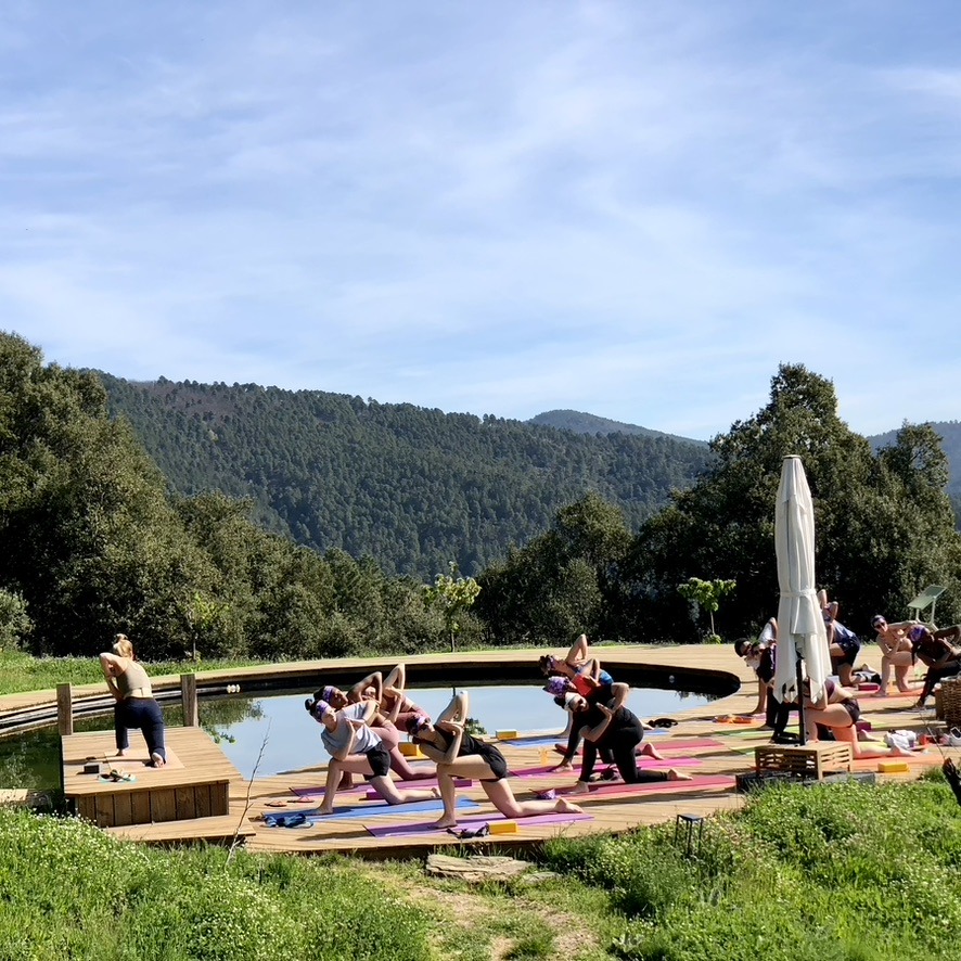 séance de yoga en plein air, au bord de la piscine naturelle
